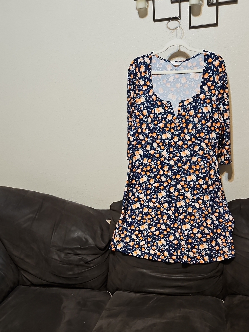 Navy Floral Mini Dress with Peach Blooms